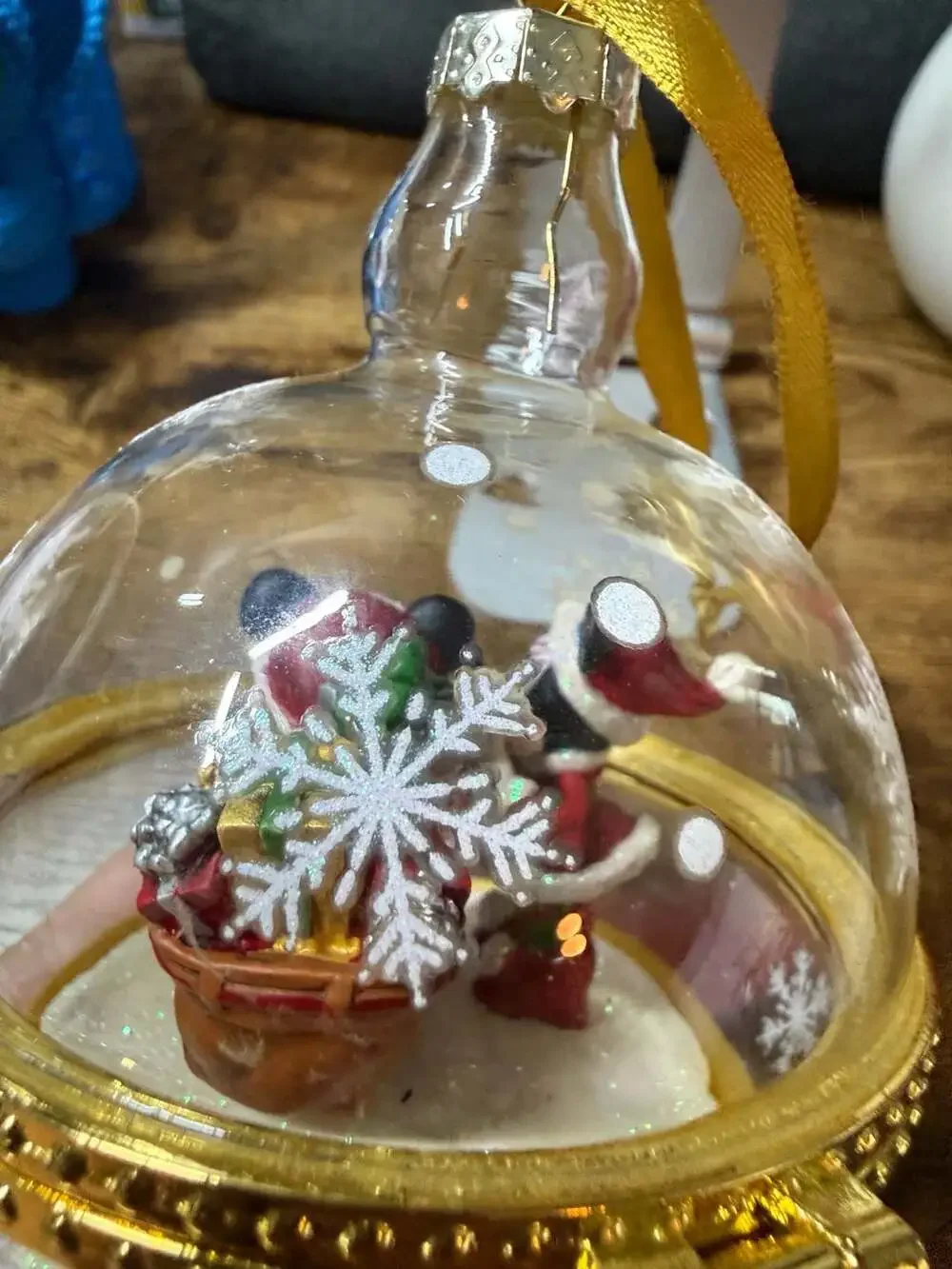 Disney Parks Santa Mickey and Minnie Hinged Glass Ornament with Gold Finial